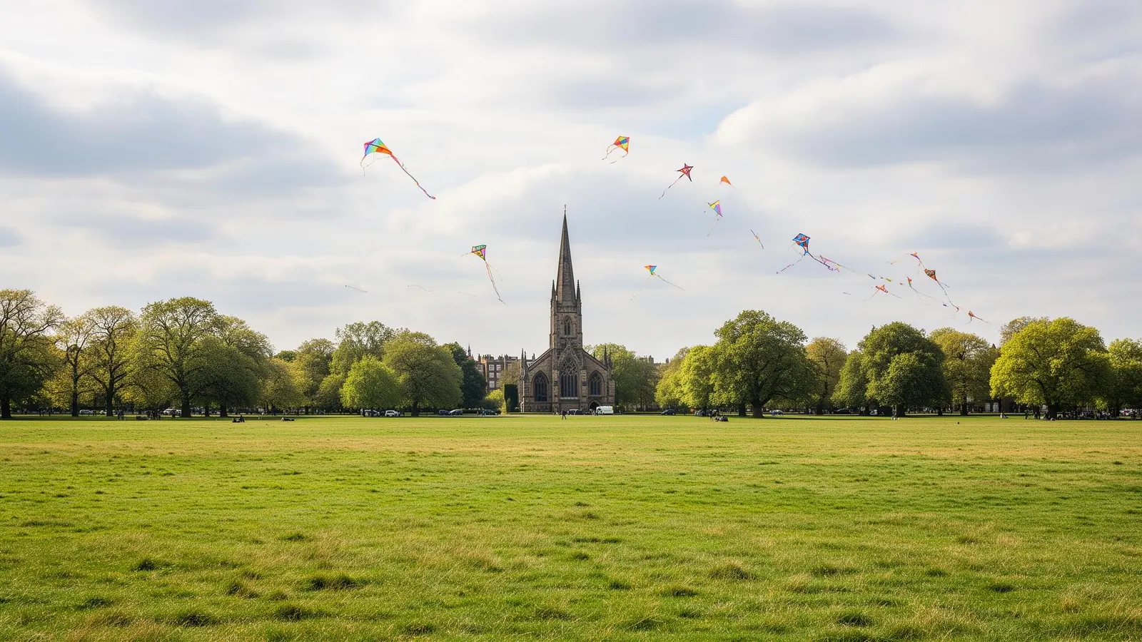 All Saints Church on Blackheath in South East London with kites flying over the open heath
