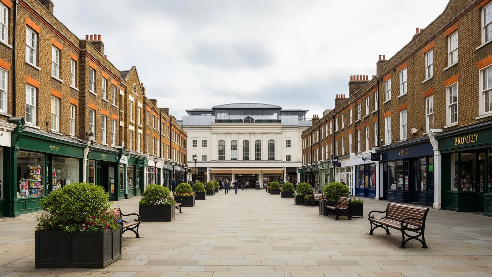 Bromley Market Square pedestrianised high street with shops and benches