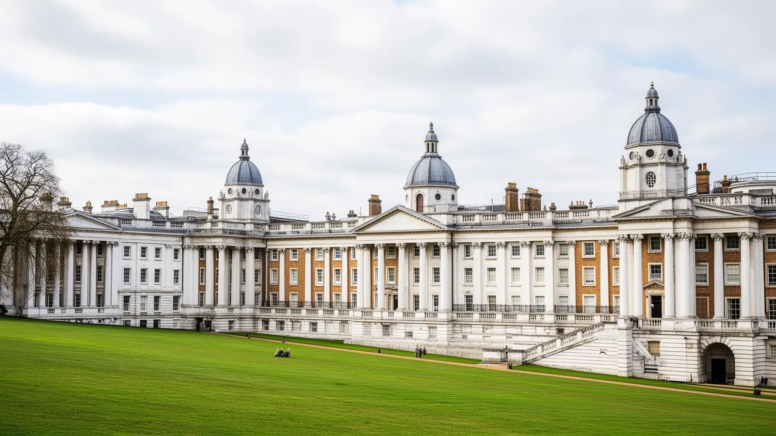 Old Royal Naval College in Greenwich, London, with its twin domes and grand riverside lawn