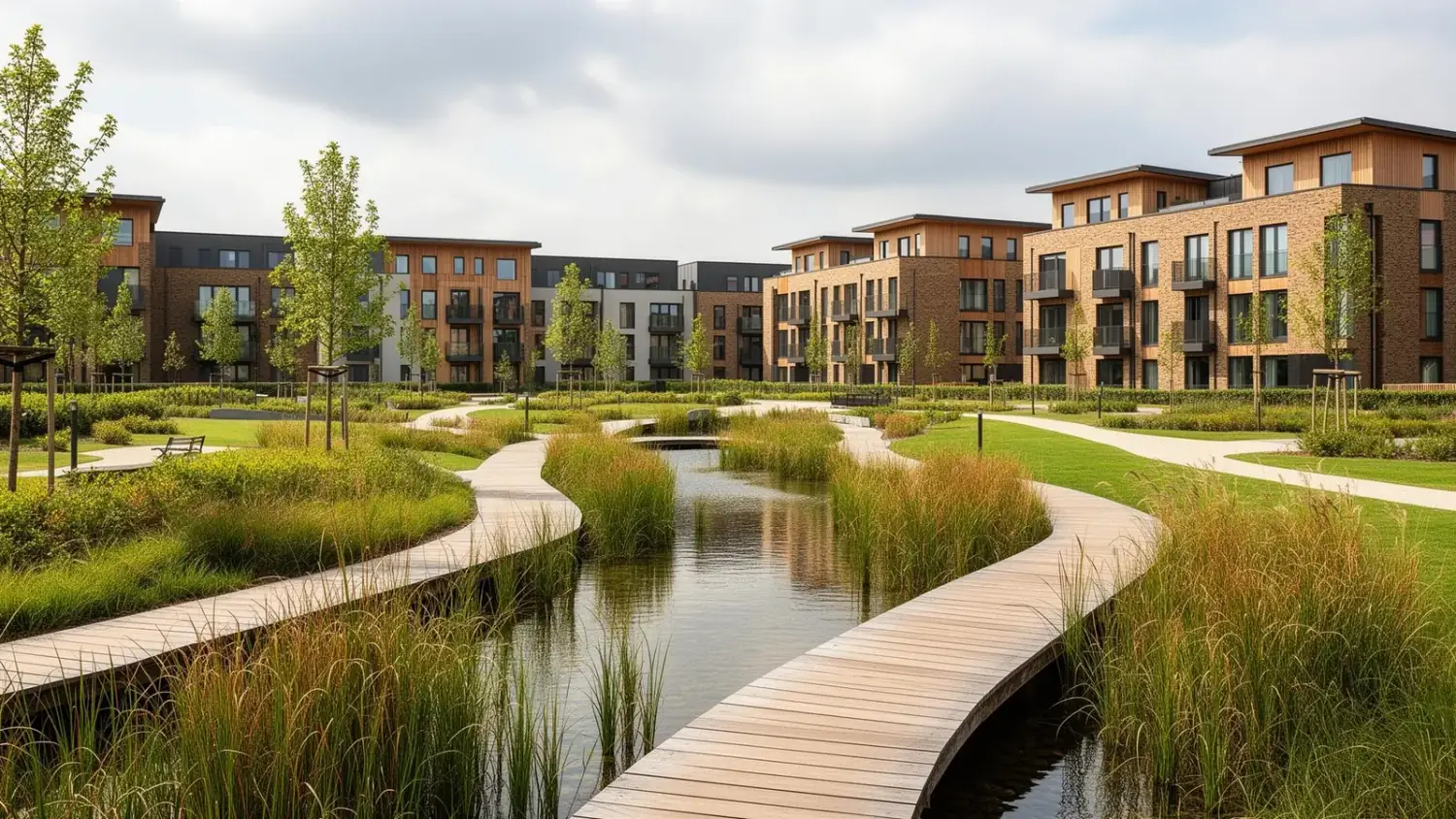 Cator Park in Kidbrooke Village, with boardwalks, wetland and contemporary apartment buildings
